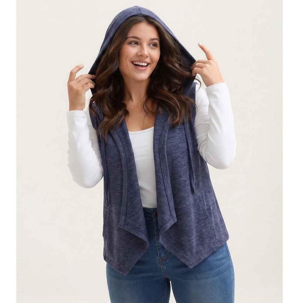 Logo XS Blue Open Front Hooded Sleeveless Sweater Vest Top